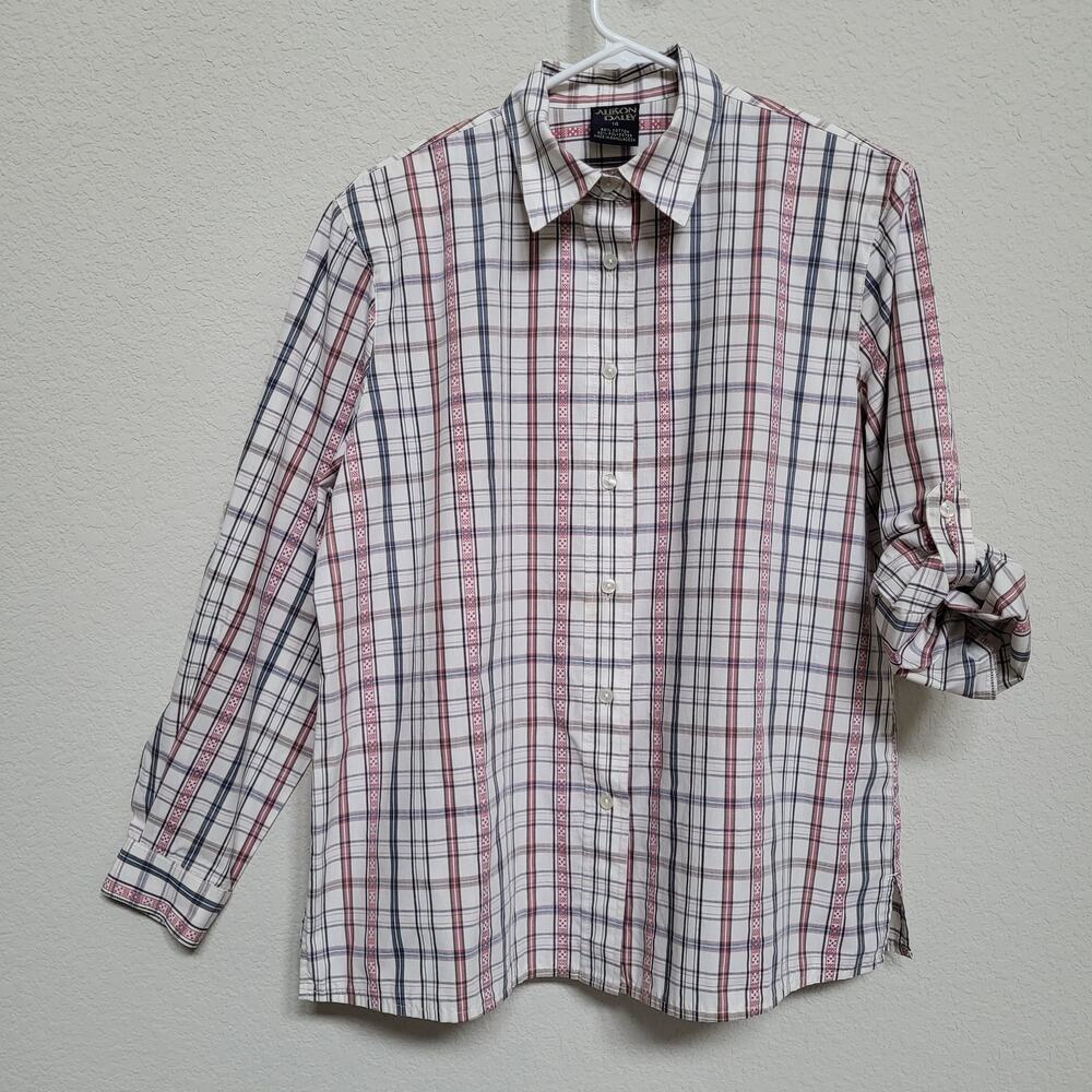 Allison Daley Button Up Shirt Women 14 XL Plaid Long Sleeve Cotton Blend Spring